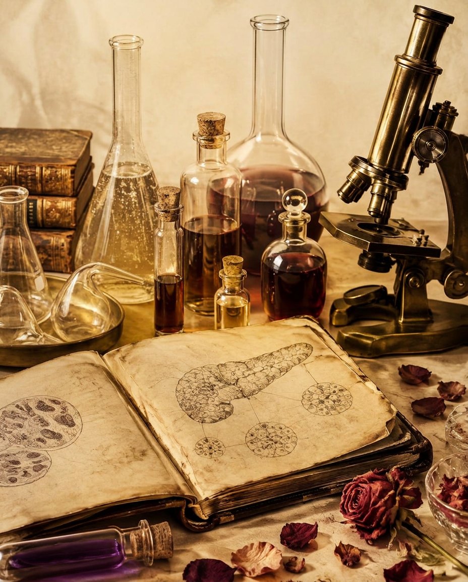 Natureza-morta com frascos de laboratório antigos, um microscópio de latão e um caderno aberto com desenhos a tinta do pâncreas e de suas ilhotas, entre pétalas de rosa secas.
