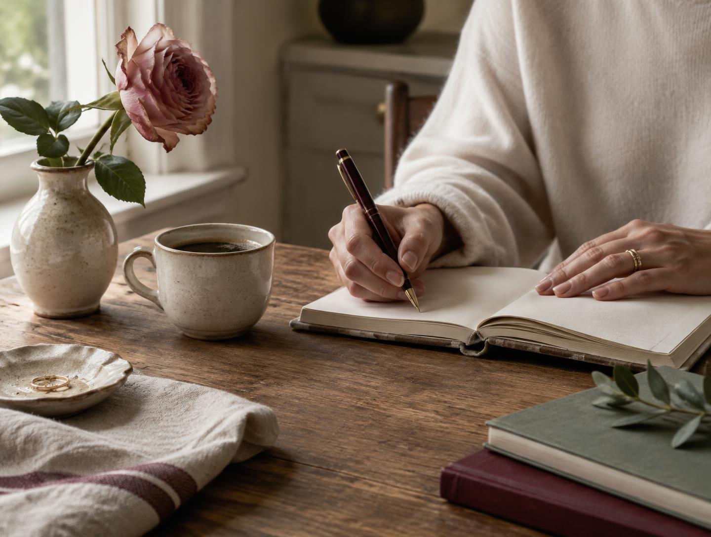 Mãos escrevendo num caderno sobre uma mesa de madeira pela manhã, ao lado de uma xícara de café e de uma rosa num vaso de cerâmica.