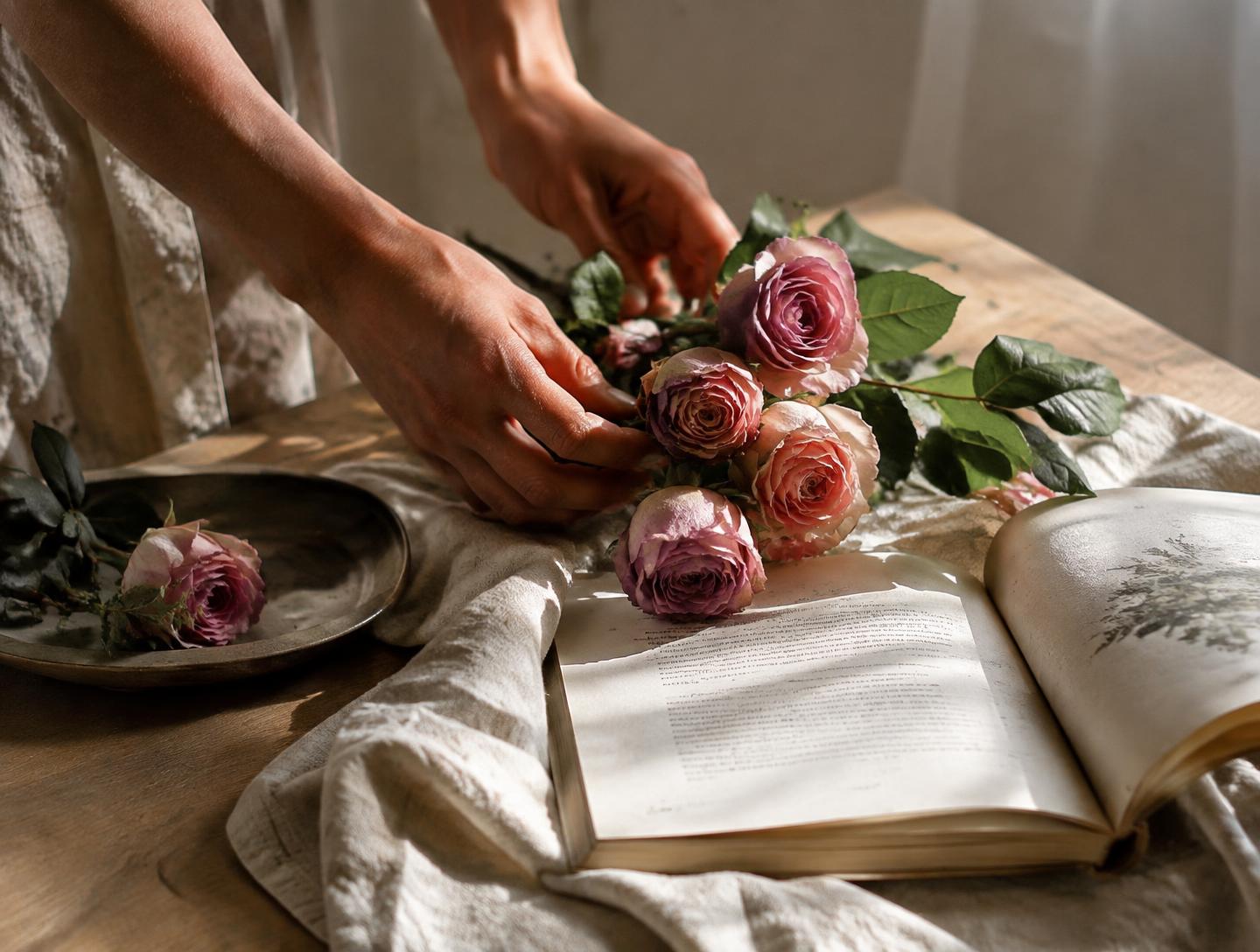 Mãos arrumando rosas cor de rosa antigo sobre uma mesa de madeira clara, ao lado de um livro aberto e de um tecido de linho, sob luz lateral quente.