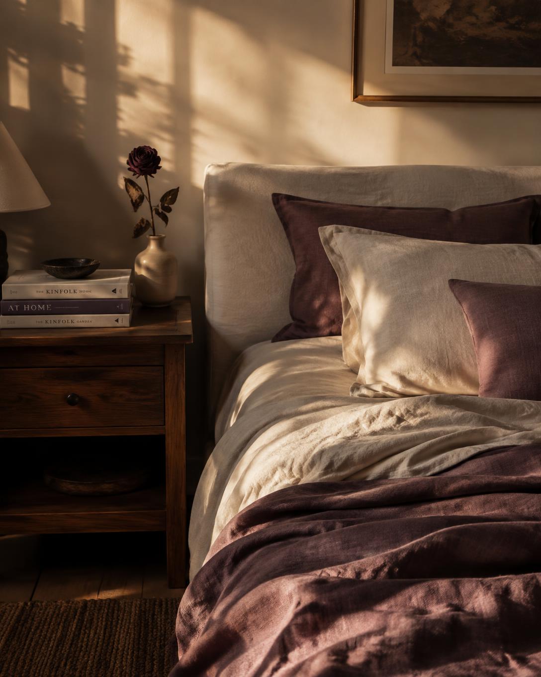 Quarto sereno no fim da tarde: roupa de cama de linho clara e vinho, livros na mesa de cabeceira e uma rosa seca num vaso.
