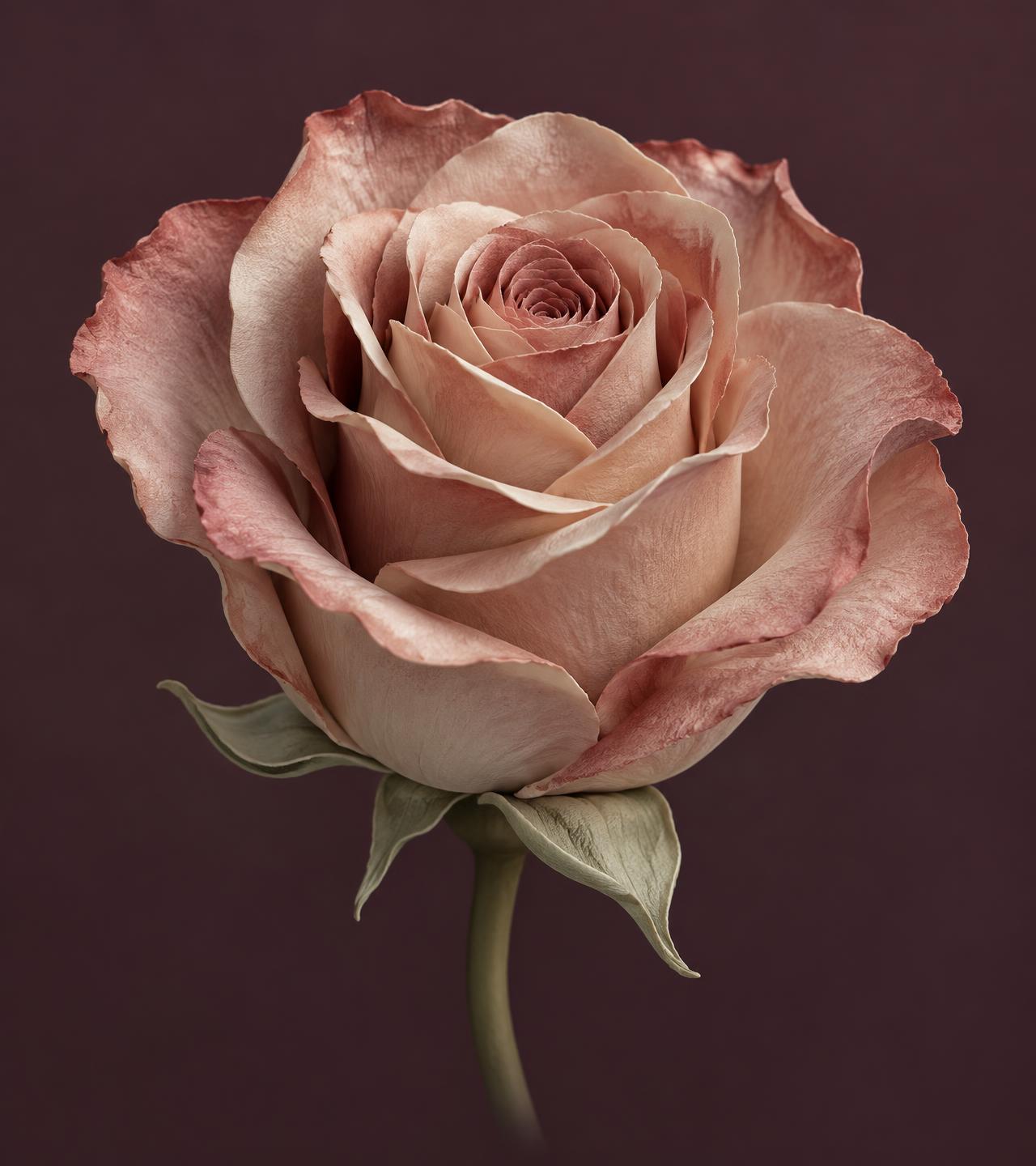 Rosa escultórica em tons de rosa antigo sobre fundo vinho, criada como obra original para o Diabetes em laços. Imagem artística, sem relação com dados de saúde.